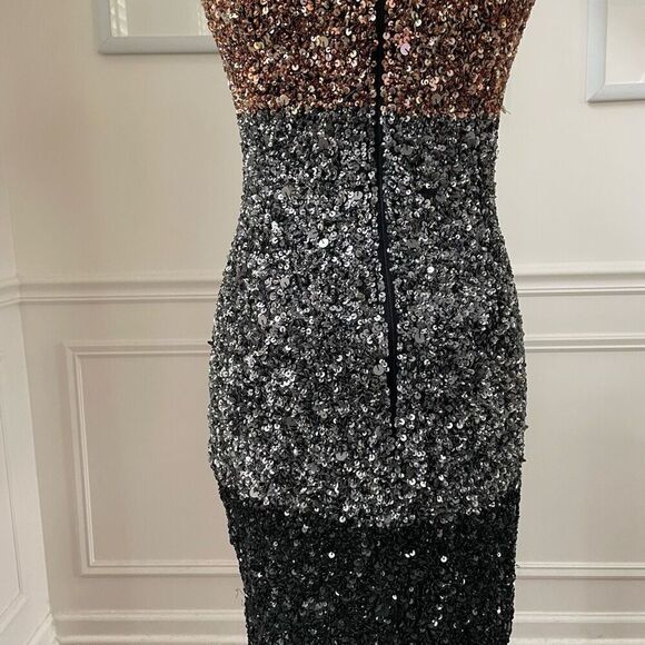 French Connection Sequin Cocktail Dress Metallic Colorblock Stripe Gold Silver 4 - Picture 6 of 10